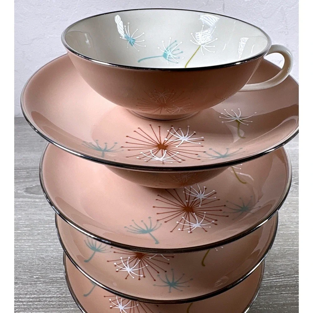 4 Sets Franciscan China Ballet Tea Cup Saucer Pink Dandelion Mid Century MCM